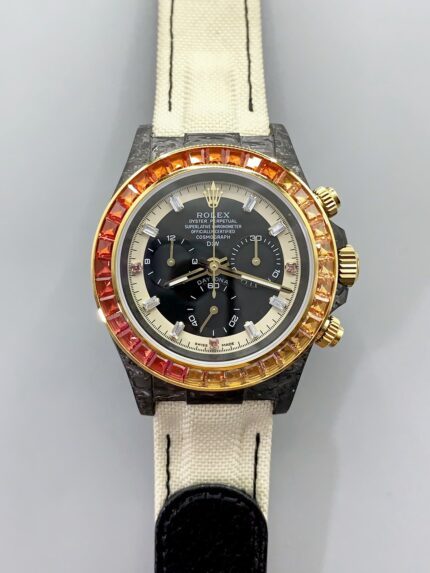 Rolex Daytona DiW Carbon Edition Rainbow Bezel – Forged Carbon Casing Beige Strap - Mirck Clone