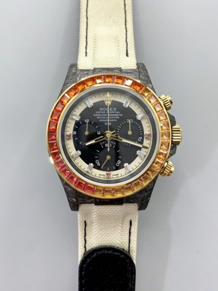 Rolex Daytona DiW Carbon Edition Rainbow Bezel – Forged Carbon Casing Beige Strap - Mirck Clone